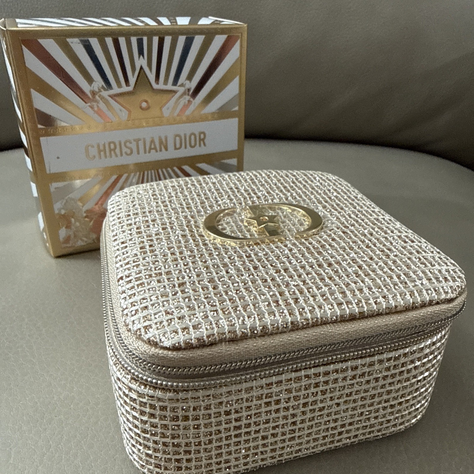 DIOR BEAUTY Gold Jewelry Case w Mirror Square Holiday Star Travel GWP NIB 4 X 4”