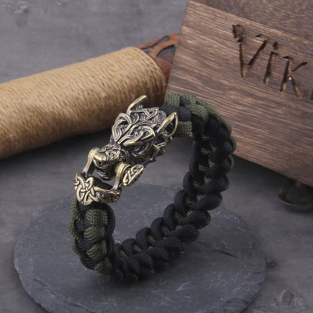 Viking Wolf Head Bracelet Men’s Braided Paracord Punk Biker Cuff Jewelry