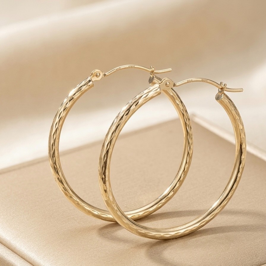 10K Yellow Gold Diamond Cut Hoop Earrings 30mm x 2mm Sparkling Everyday Hoops