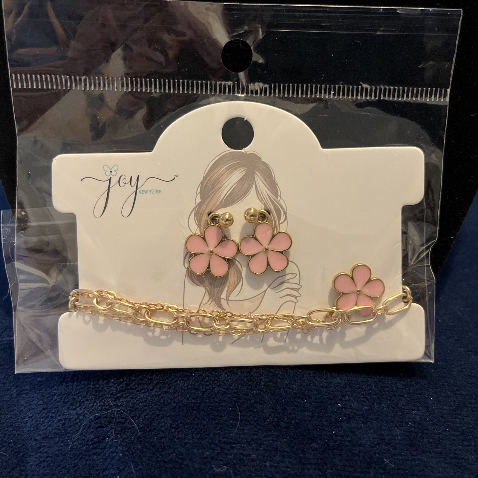 NEW Joy 2 Strand Pink & Gold Flower Adjustable 7-9 In Bracelet & Earrings Set