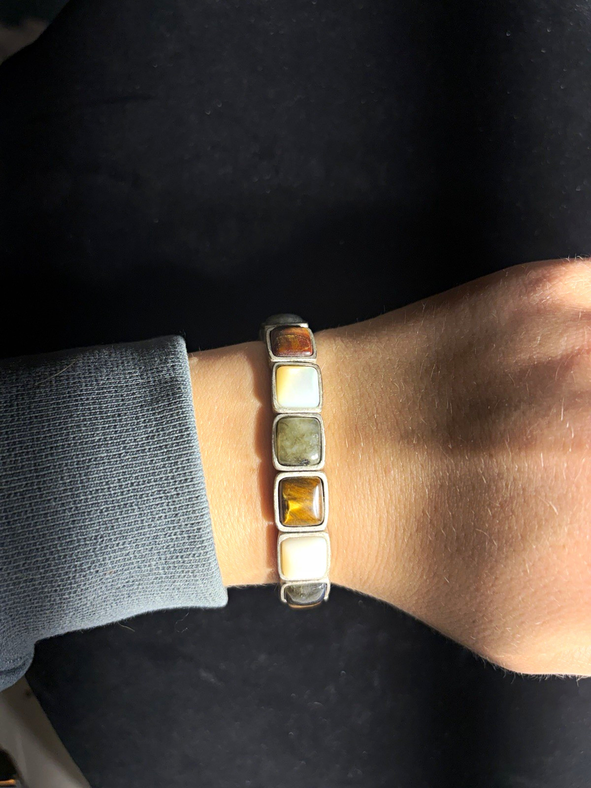 Silver Tone Stretch Link Bracelet Square Multicolor Stones Bezel Set 7 in