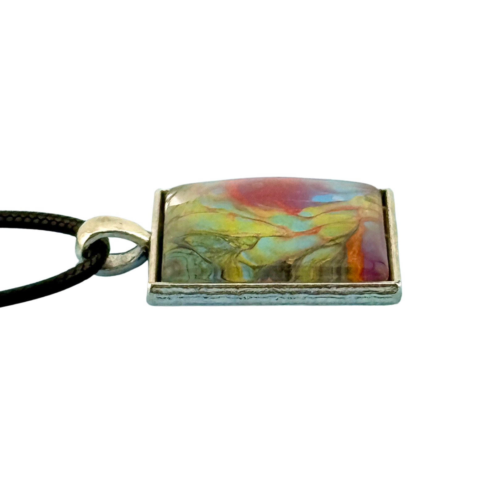 Pendant Square Necklace Handcrafted “Abstract Art” Silver Bezel Black Cord