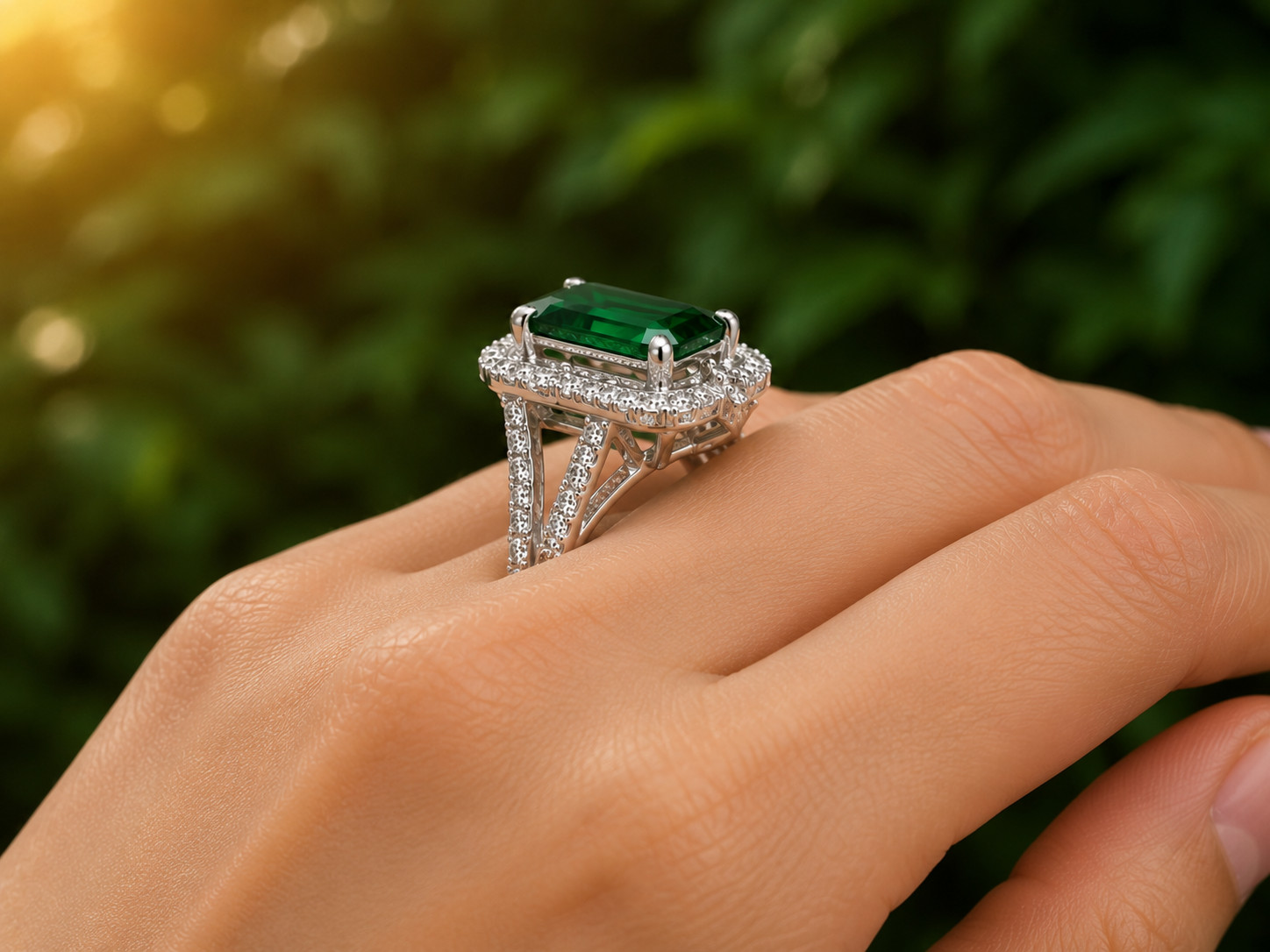 3Ct Emerald Cut Lab Created Green Emerald Halo Engagement 14K White Gold Plated