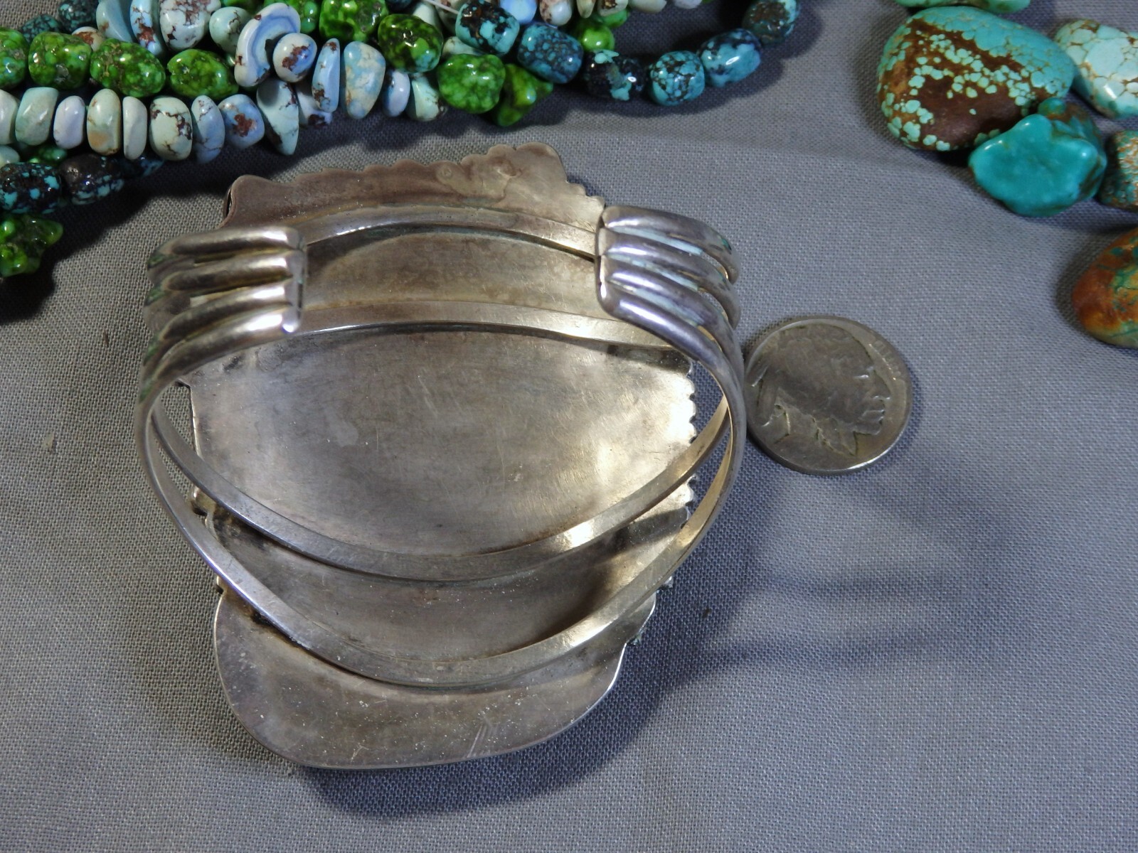 NAVAJO D. Lister KINGMAN TURQUOISE Sterling Silver SQUASH BLOSSOM 110g Bracelet