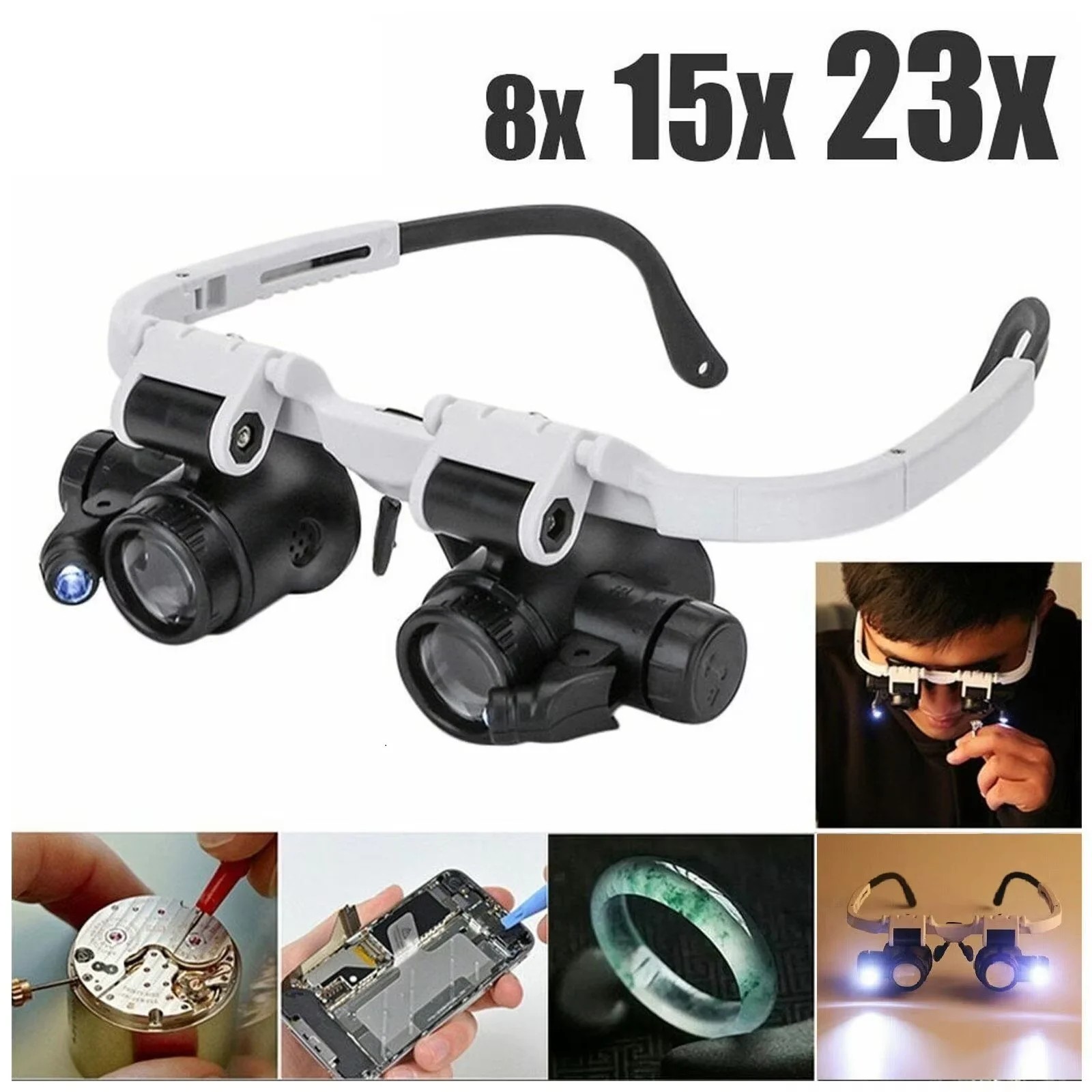 Headband Magnifier 8X 15X 23X Magnifying Glass 2LED Loupe Jeweler Watch Repair