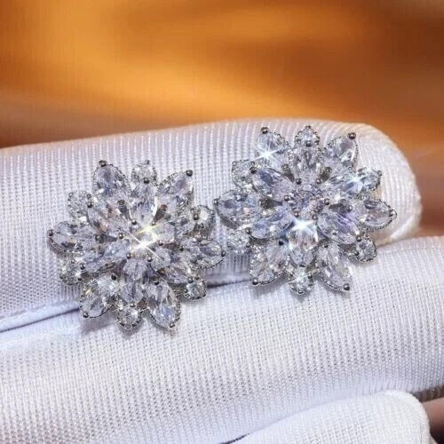 3Ct Lab Created Oval Push Back Cluster Stud Earrings 14K White Gold Plated