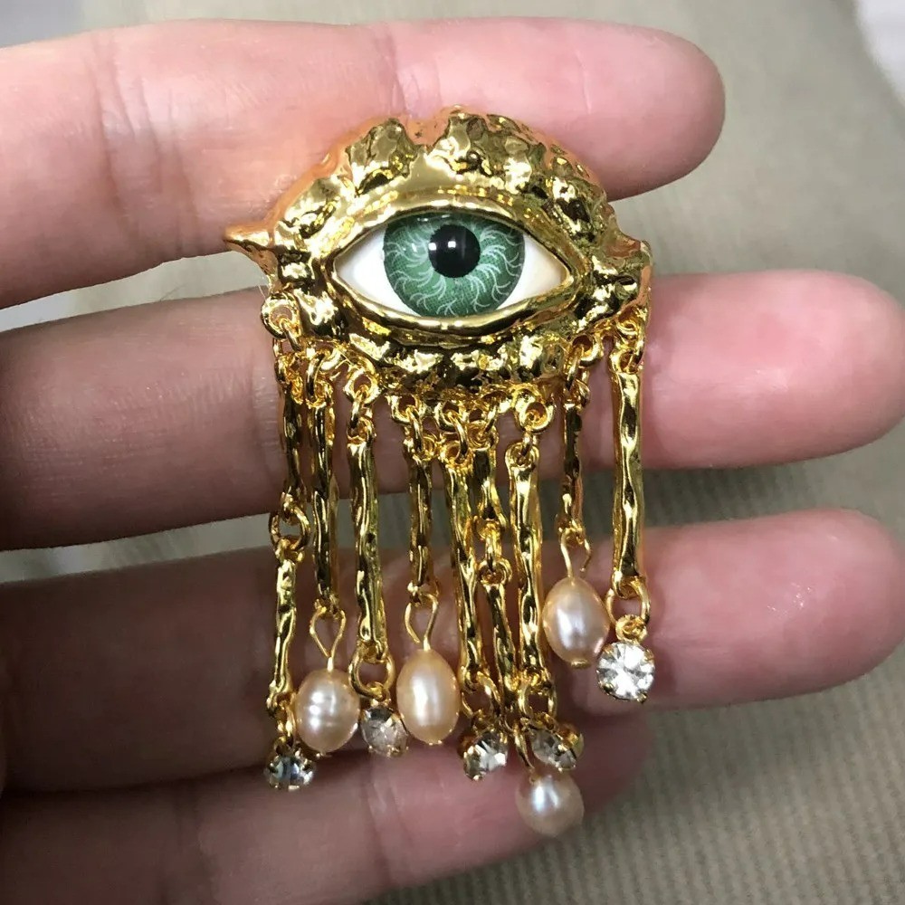 Vintage Evil Eye Brooch Pin Pearl Tassel Metal Badge Unisex Jewelry
