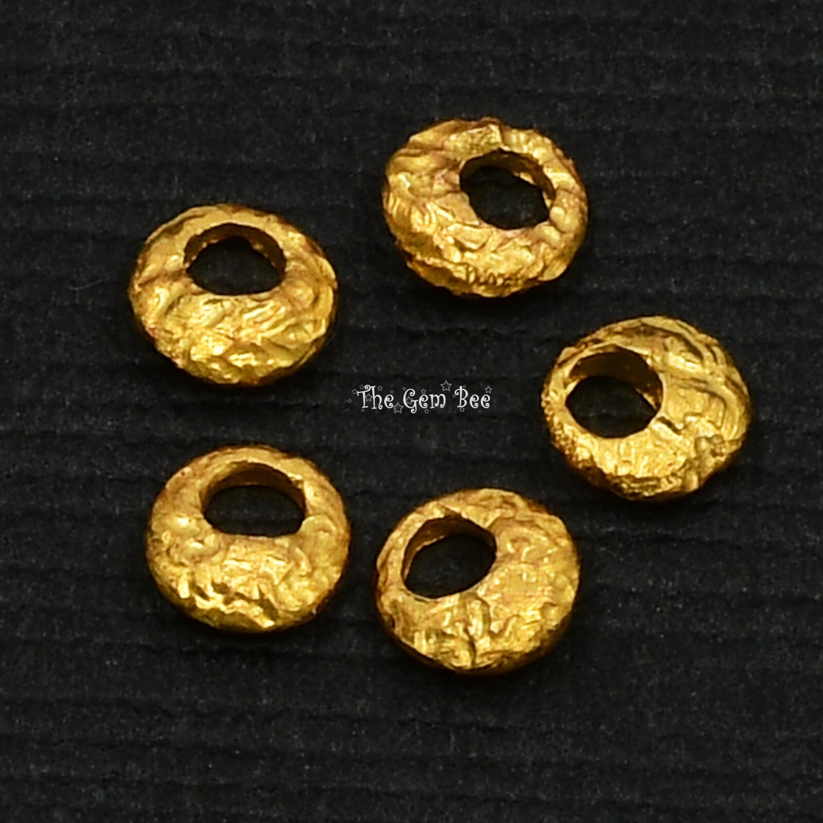 4mm 18k Solid Yellow Gold Hefty Disc Textured Rustic Nugget Spacer Beads (5)
