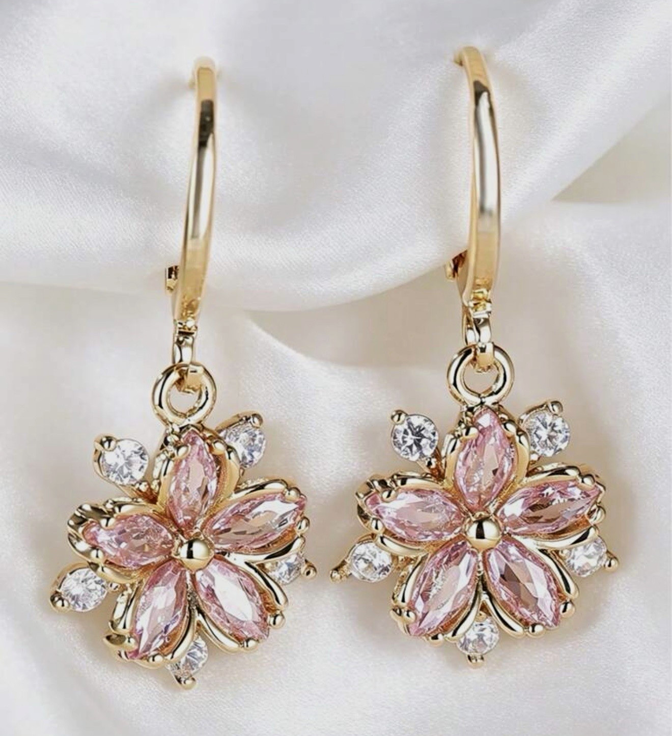 Gold-Tone Flower Pink Simulated Cubic Zirconia Dangle/Drop Leverback Earrings