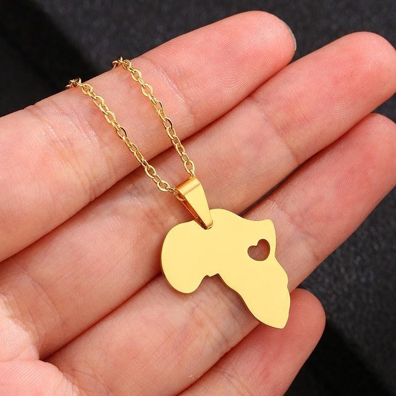 Africa Map Necklace Heart Pendant Jewelry for Women Men Gift, Stainless Steel