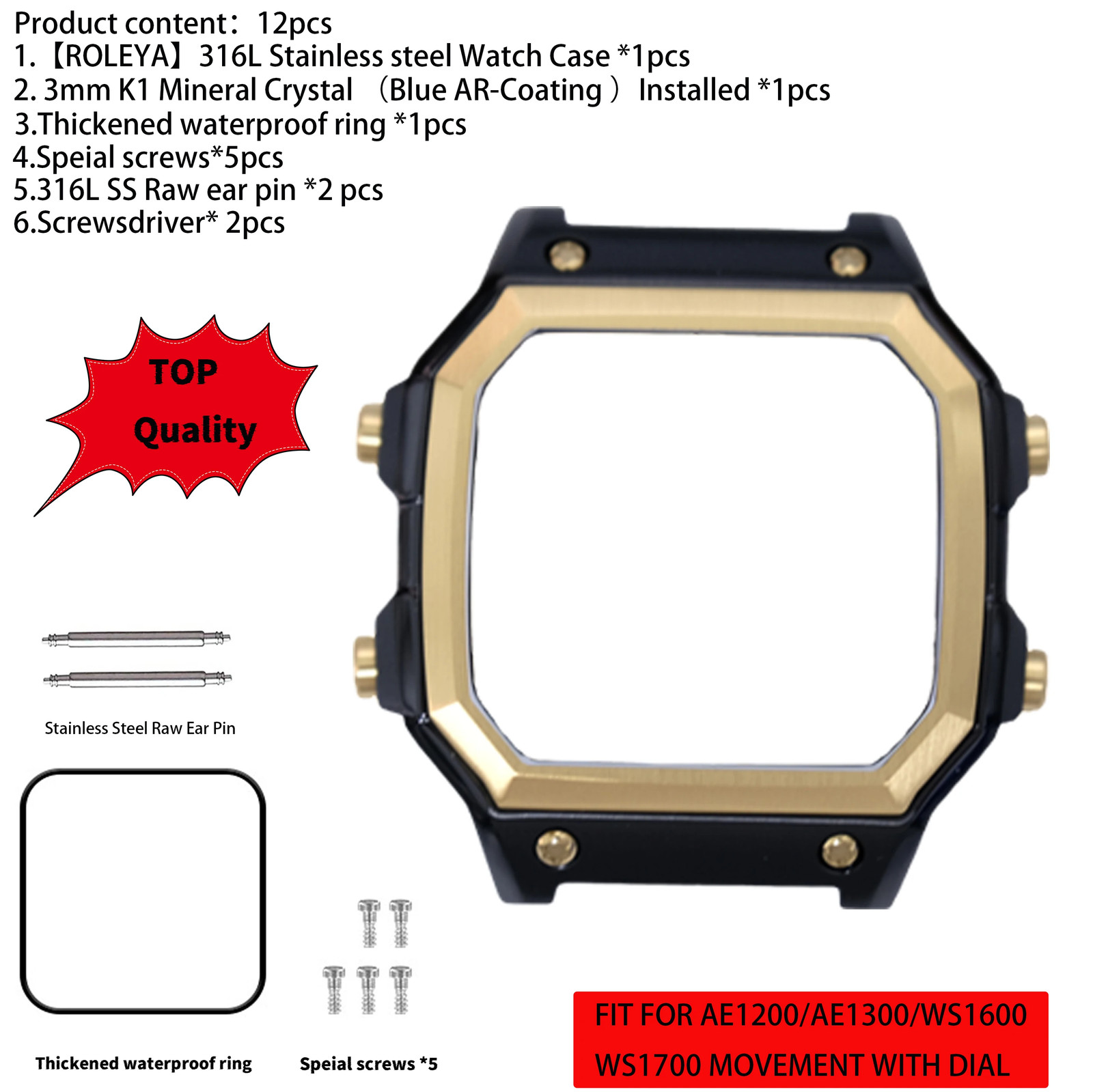 Suitable For Casio AE1200 Watch Case Mod Kit 316L Stainless Steel Glass 10ATM