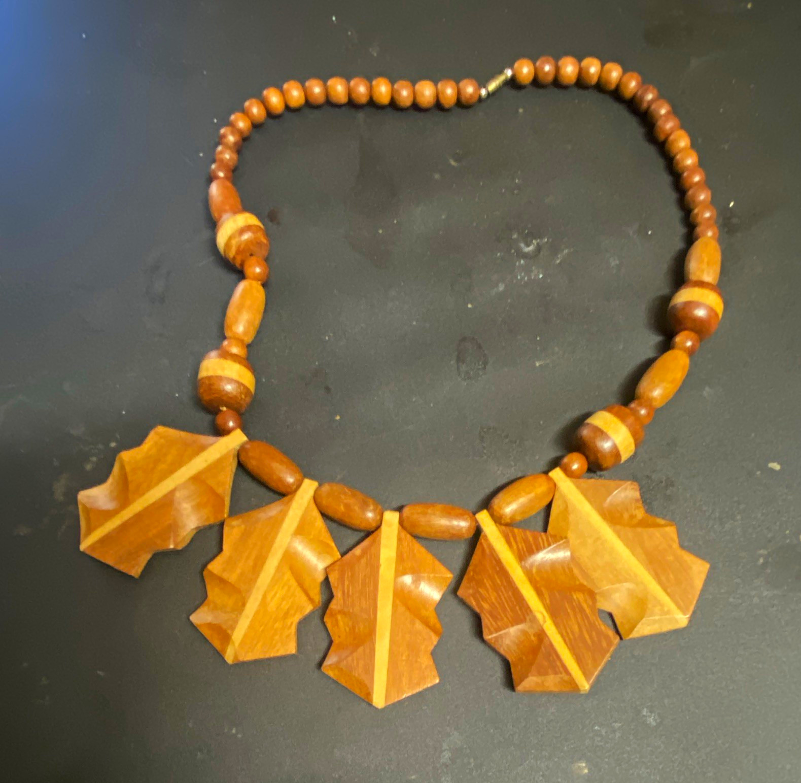 Brown Wood Beaded Statement Necklace Ball/Bead Chain Geometric Pendant