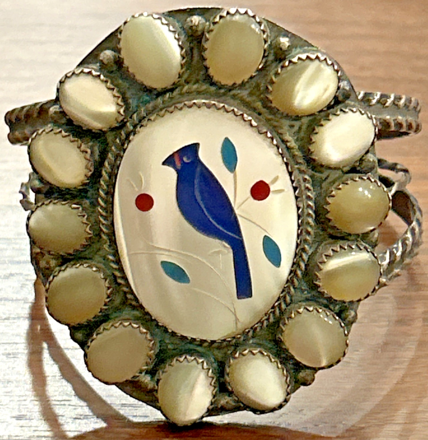 Vintage Zuni Bluebird Inlay Mother of Pearl Sterling Silver Cuff Bracelet