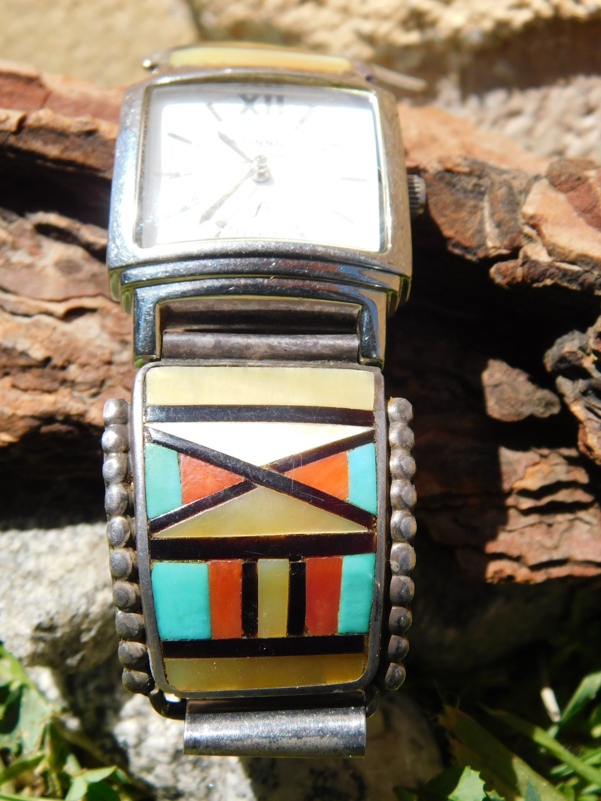 Herbert & Ester Cellicion Zuni Sterling Silver Multi Gemstone Flush Watch Tips