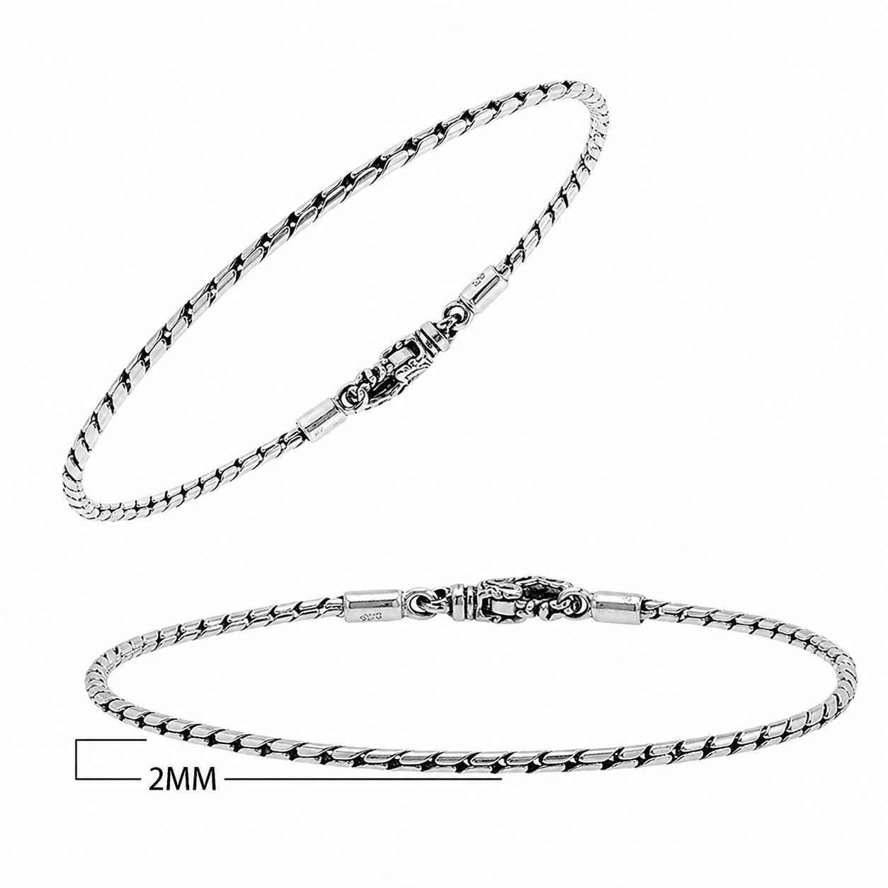 Bali 925 Sterling Silver Snake Chain Bracelet 2mm Unisex 7–9 in
