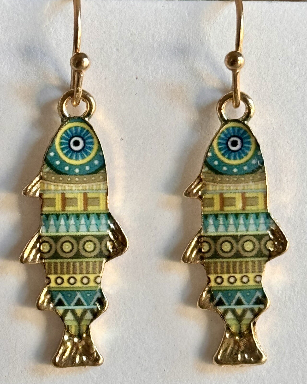 Gold and Blue Green Fish Dangle Earrings. Ocean. Sea. Beach. Tropical.