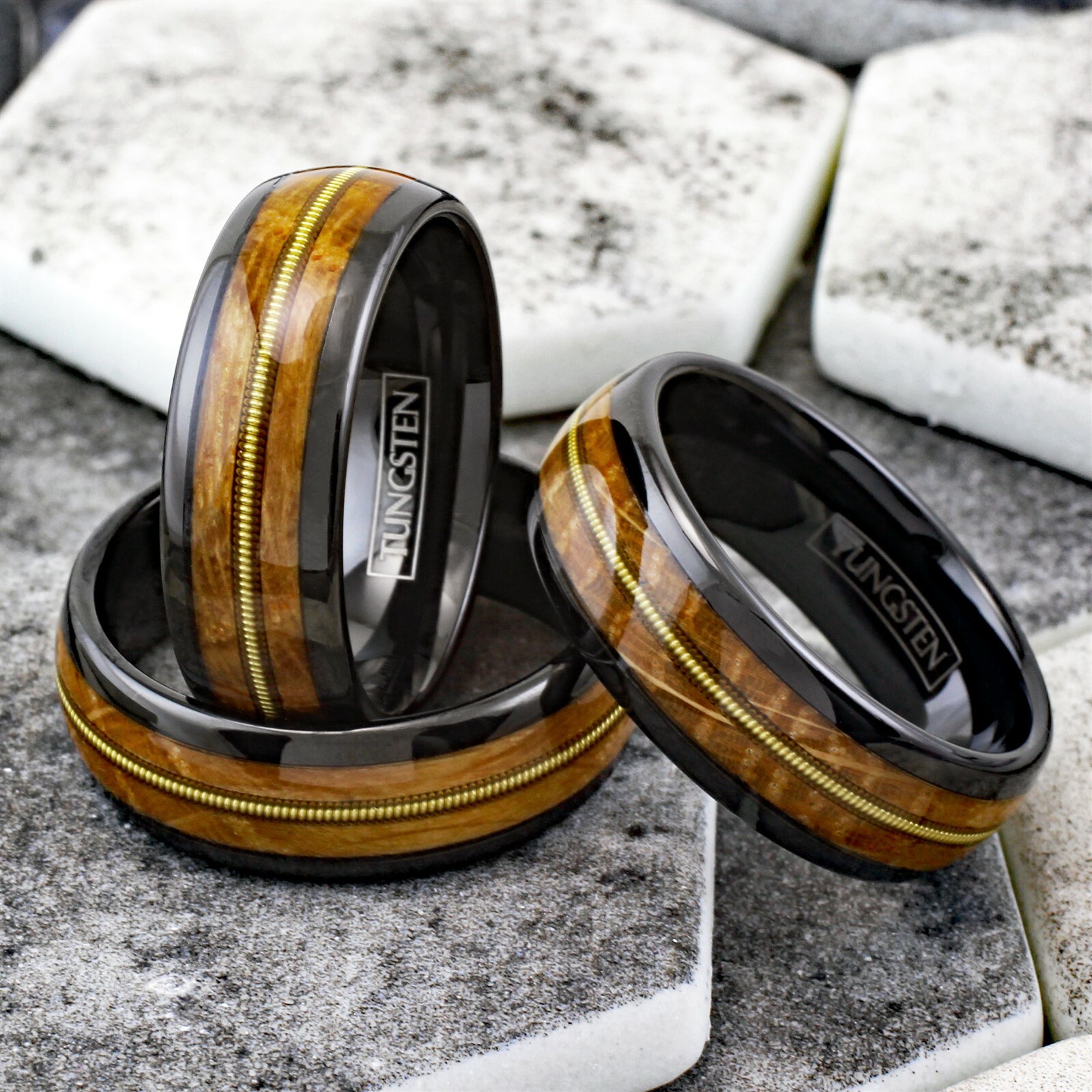 Engraved 8mm Black Tungsten Whiskey Barrel Wood w/ Guitar String Men’s Band Ring