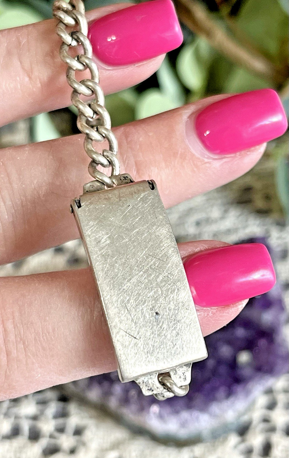 VTG 925 Sterling Silver ID Bracelet Lock E Tag Chain Bracelet Slot for Photo 14g