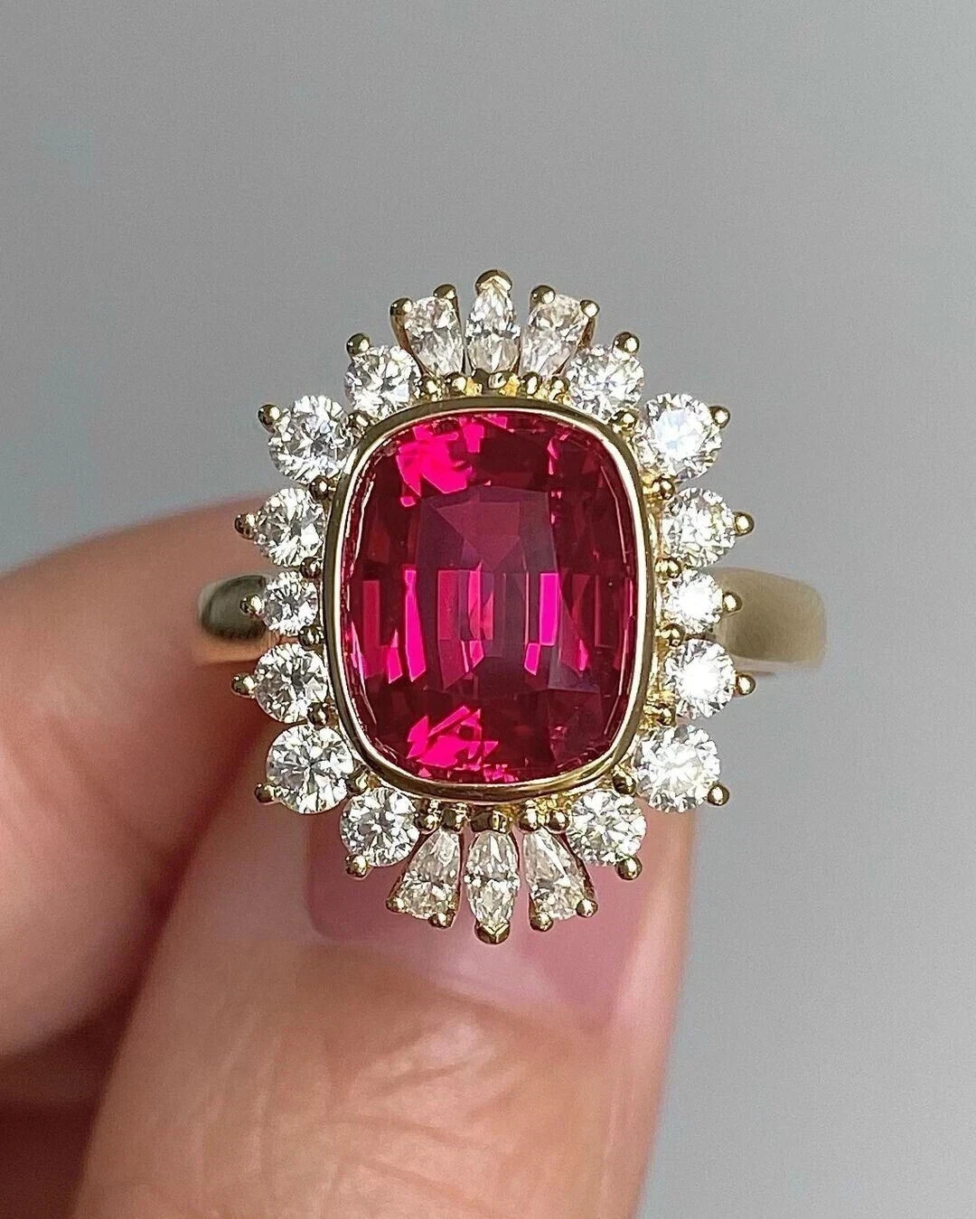 4.48 Ct Cushion Cut Natural Ruby Diamond Wedding Ring 14K Yellow Gold Sz 6