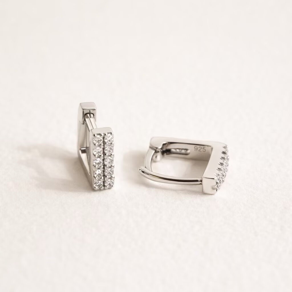 925 Sterling Silver Square Huggie Hoop Earrings 8mm Small CZ Hoop Earrings 133