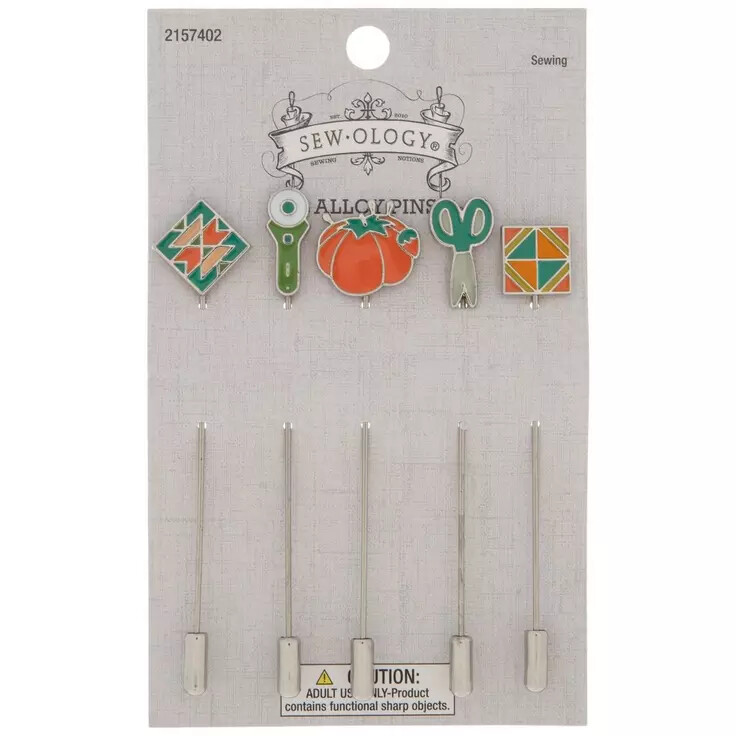 Sewology Green & Orange Quilting Theme Straight Pin Charms, 5 Pack, Sewing, 3″
