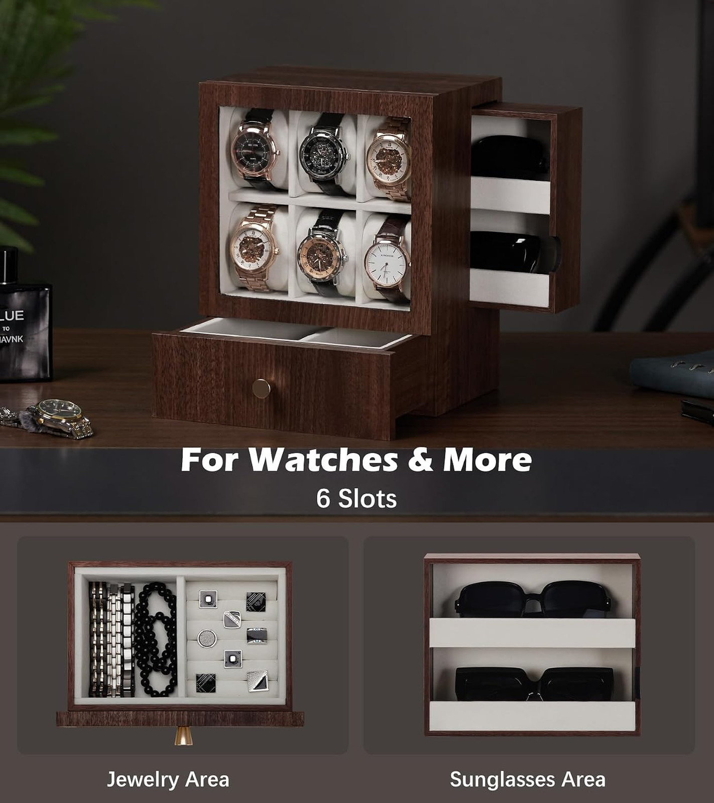 Wooden Watch Box for Men, Display Case with 6 Slots, Organizer for Watches