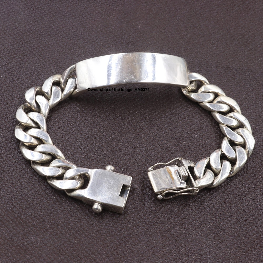 Solid 925 Sterling Silver Curb Link Bracelet W/ Plain Long Plate Bangle 7.9inch