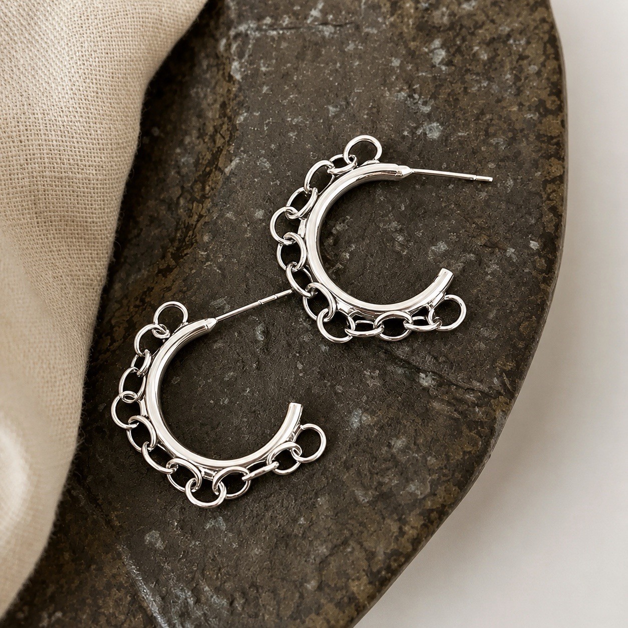 925 Silver Chain Huggie Hoop Stud Earrings Minimalist Statement Earrings D11
