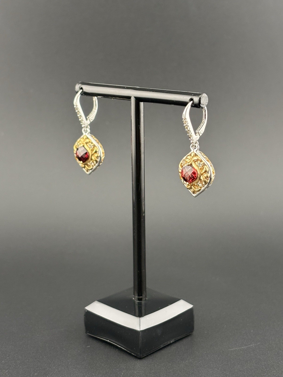 Genuine Garnet 925 Sterling Silver Two Tone Filigree Drop Earrings 7g
