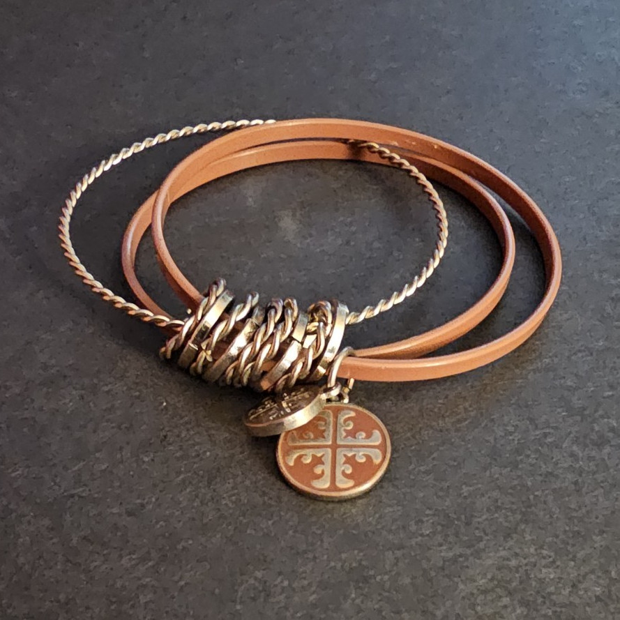 Brown Leather Wire Bangle Cuff Bracelet w/ Round Cross Dangle Charms