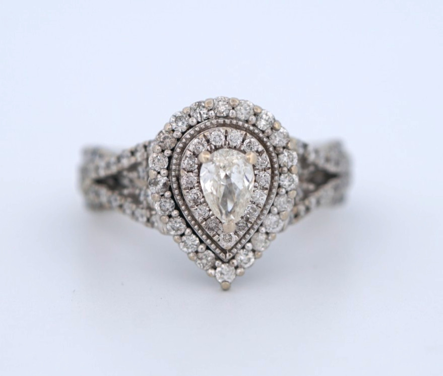 HALO PAVE 14K White Gold 1.35ctw Natural Diamond Ring, 5.6 grams, Size 5