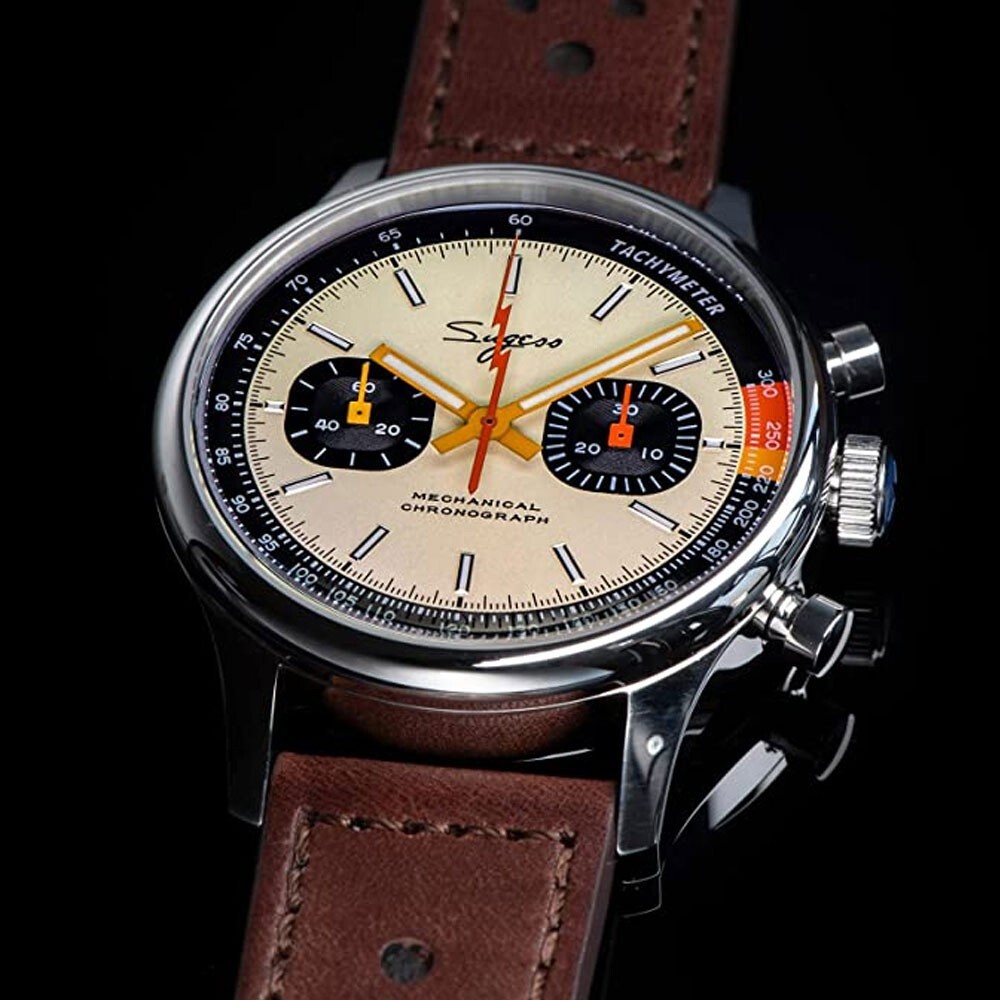 Sugess Chrono Mechanical Leather Cream Brown Steel Vintage Men’s Watch