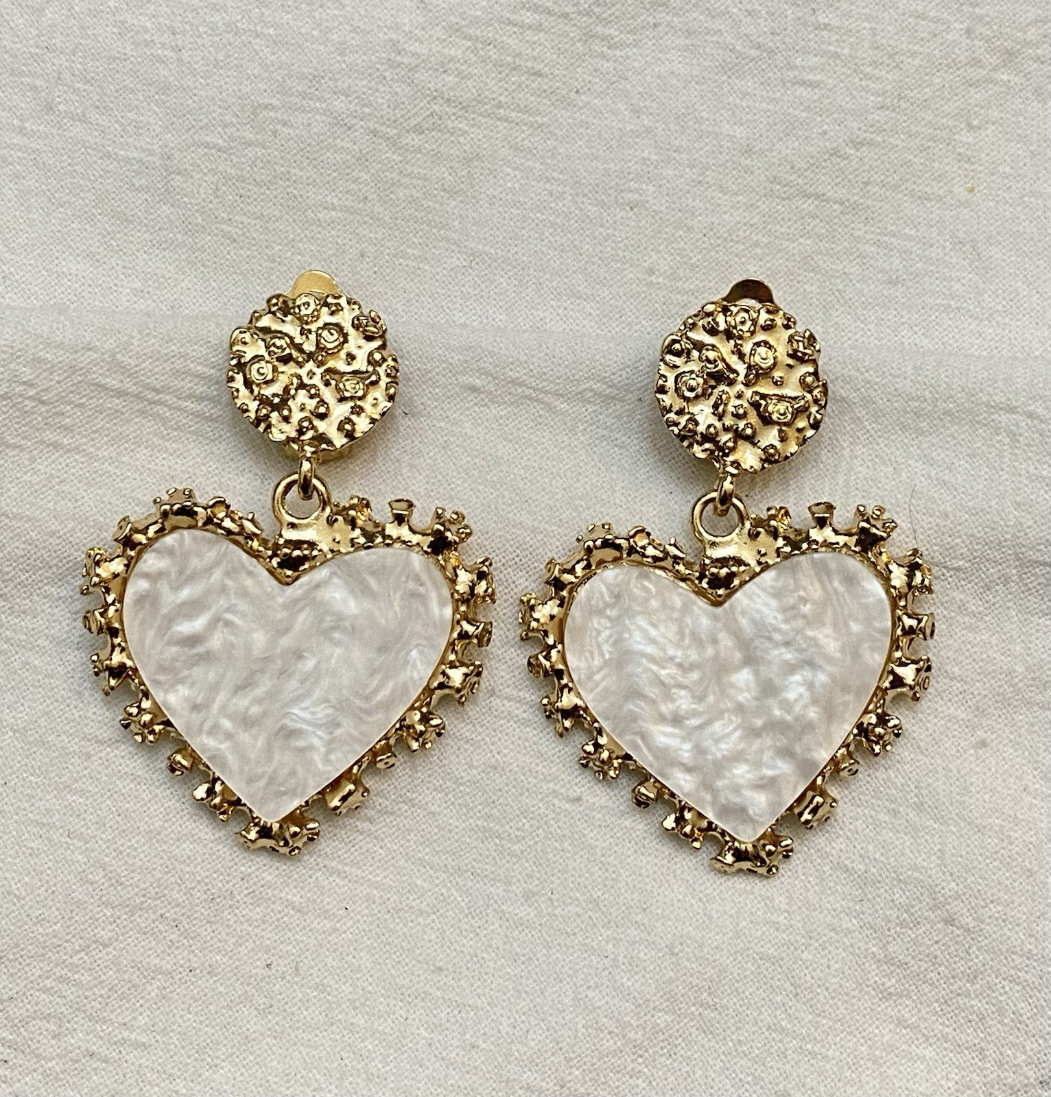 New Clip-On sparkle white marble effect heart drop Earrings None Piercing Cuff