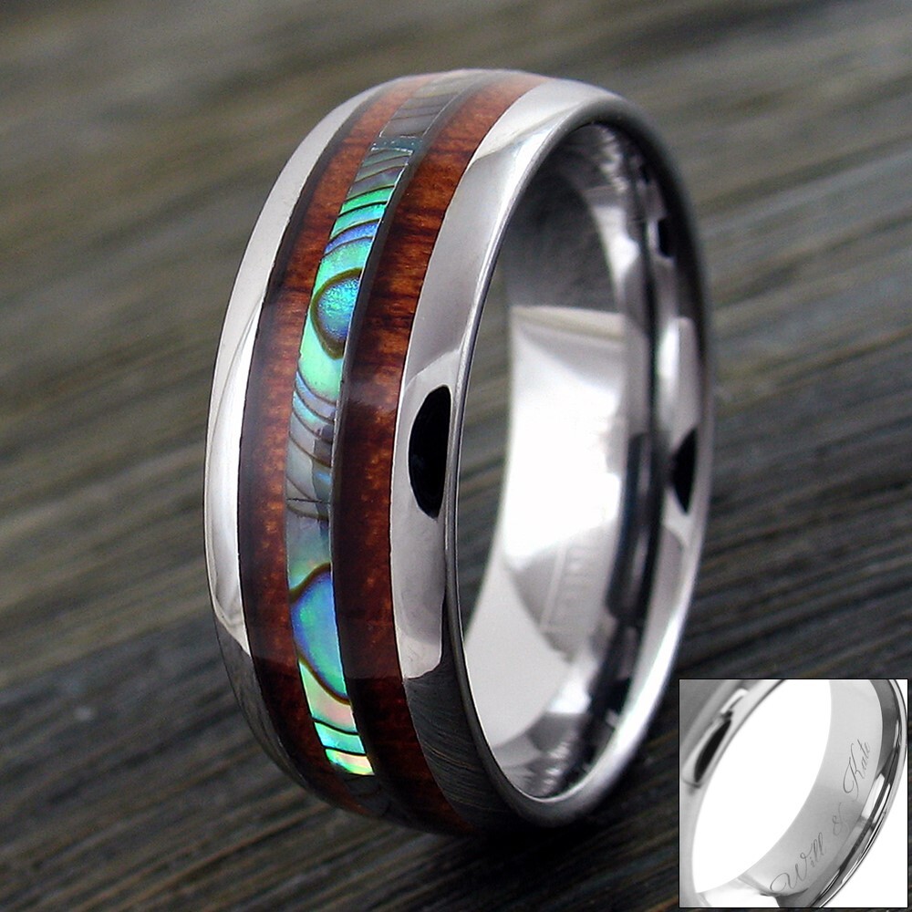 6/8mm Tungsten Men’s Hawaiian Koa Wood & Abalone Wedding Band Ring-Engraving TW
