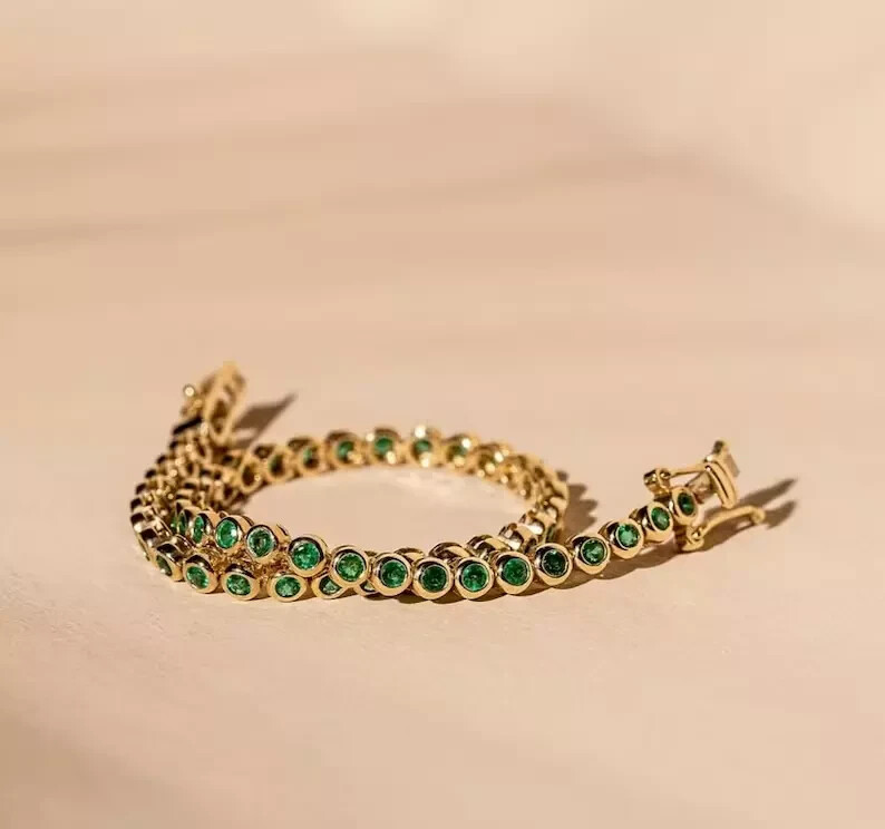 6Ct Round Lab Created Green Emerald Bezel Tennis Bracelet 14K Yellow Gold Plated