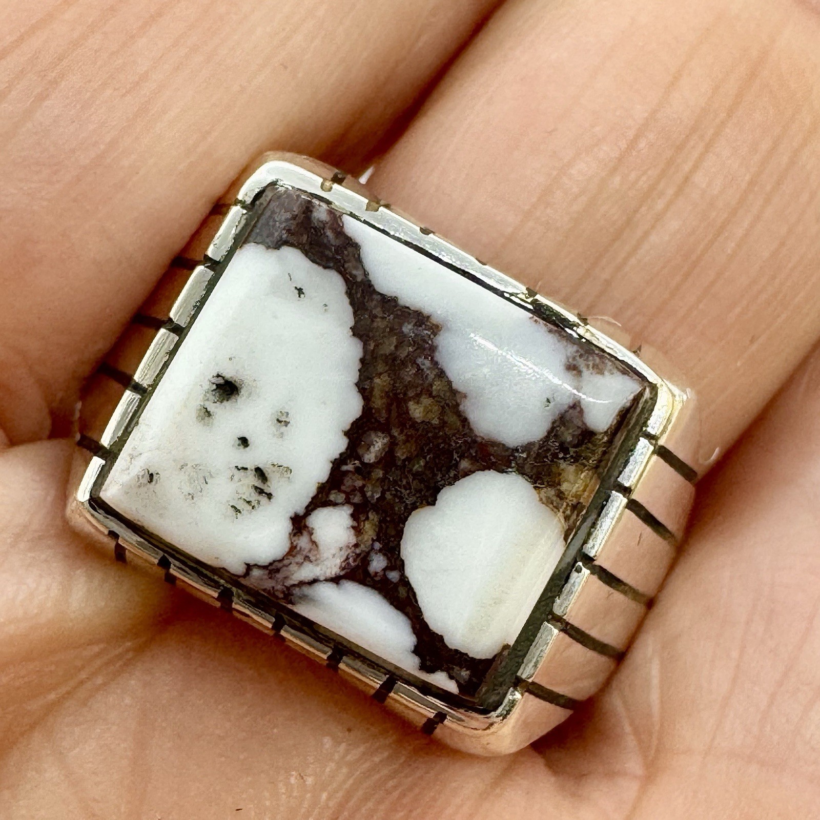 Navajo White Buffalo Turquoise Men’ Ring Sz 9 Sterling by Trevor Jack 10.2g
