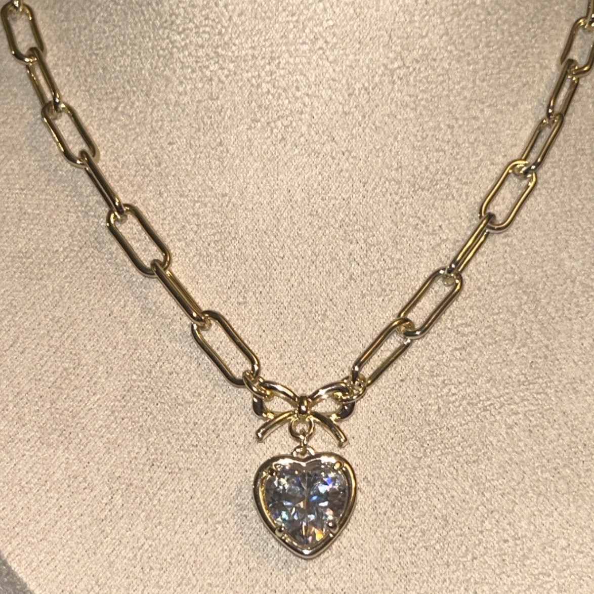 LoveStylize Nora Crystal Heart Necklace Gold Tone Bow Paperclip Chain JC1694