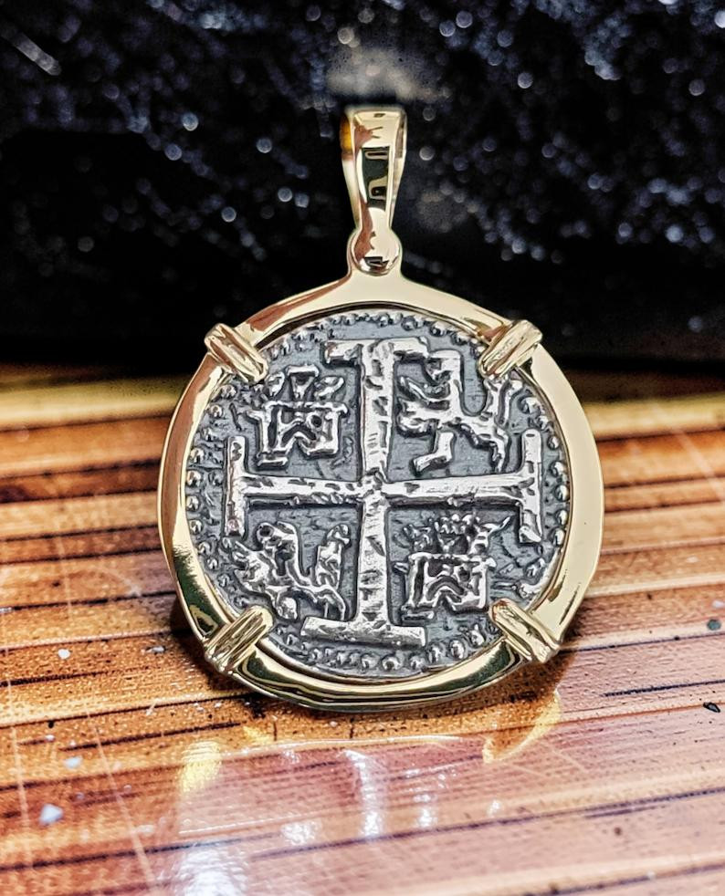 Atocha Shipwreck Silver Coin Pendant Solid 14k Gold Frame Museum Quality