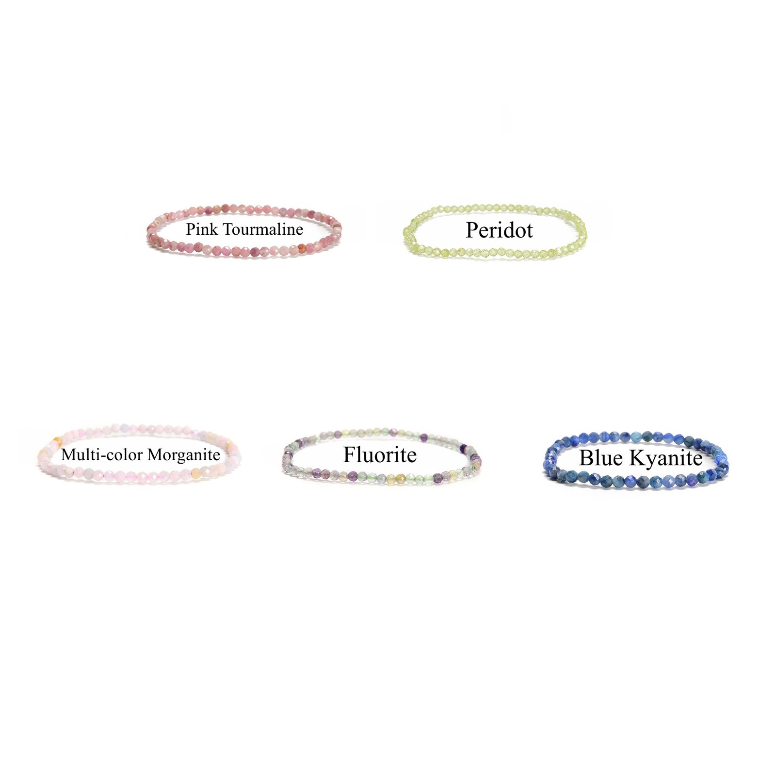 02-Natural Gemstone Faceted Round Beaded Elastic Bracelet 2mm 3mm 4mm 7.5” Long