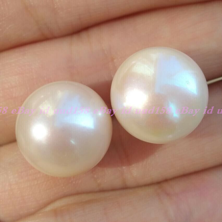 Huge 13-14mm Real Natural South Sea White Pearl Stud Earrings 14k