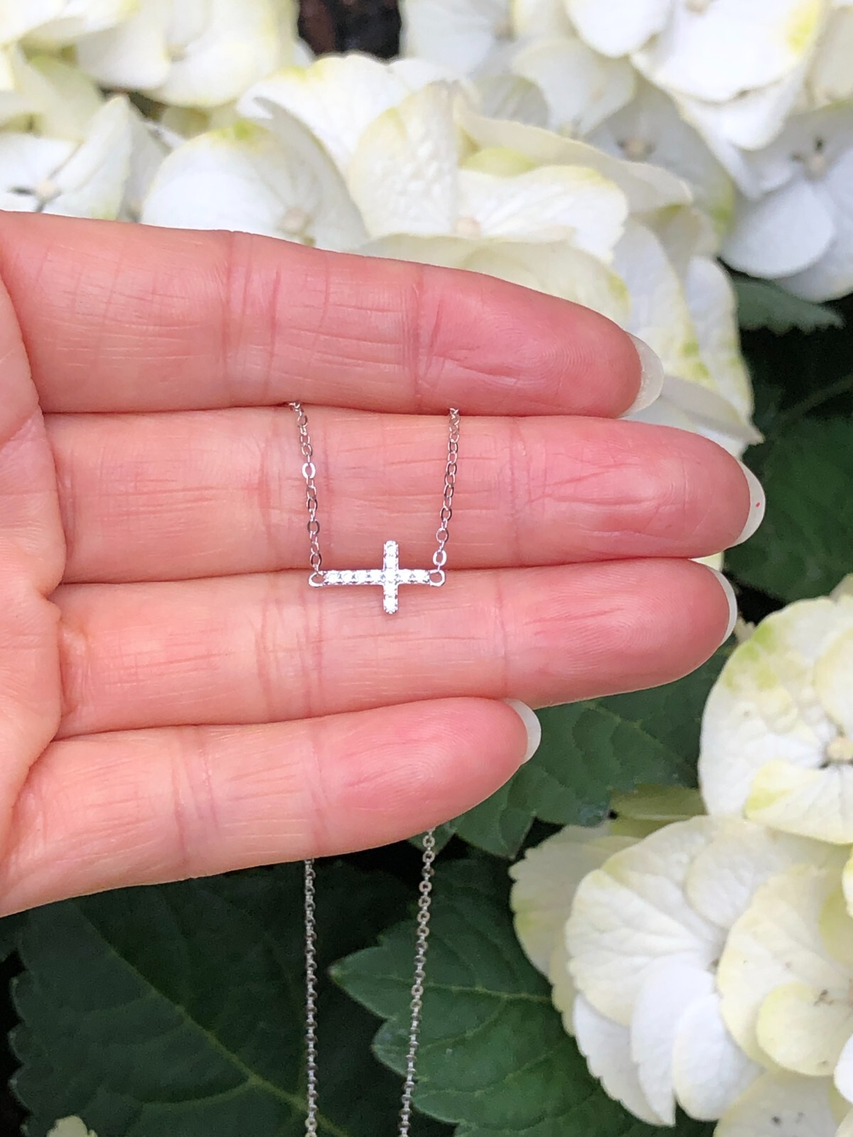 925 Sterling Silver CZ Sideways Cross Pendant Necklace Dainty 9.5mm 17.75″ Women