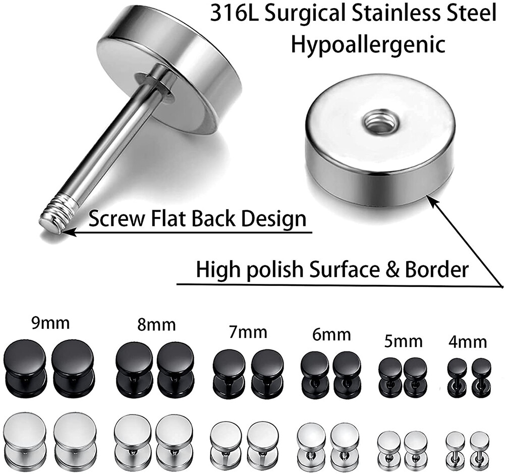 1 Pair Earrings Dot Studs Stainless Steel Circle Disc Ear Piercing Set Men Women