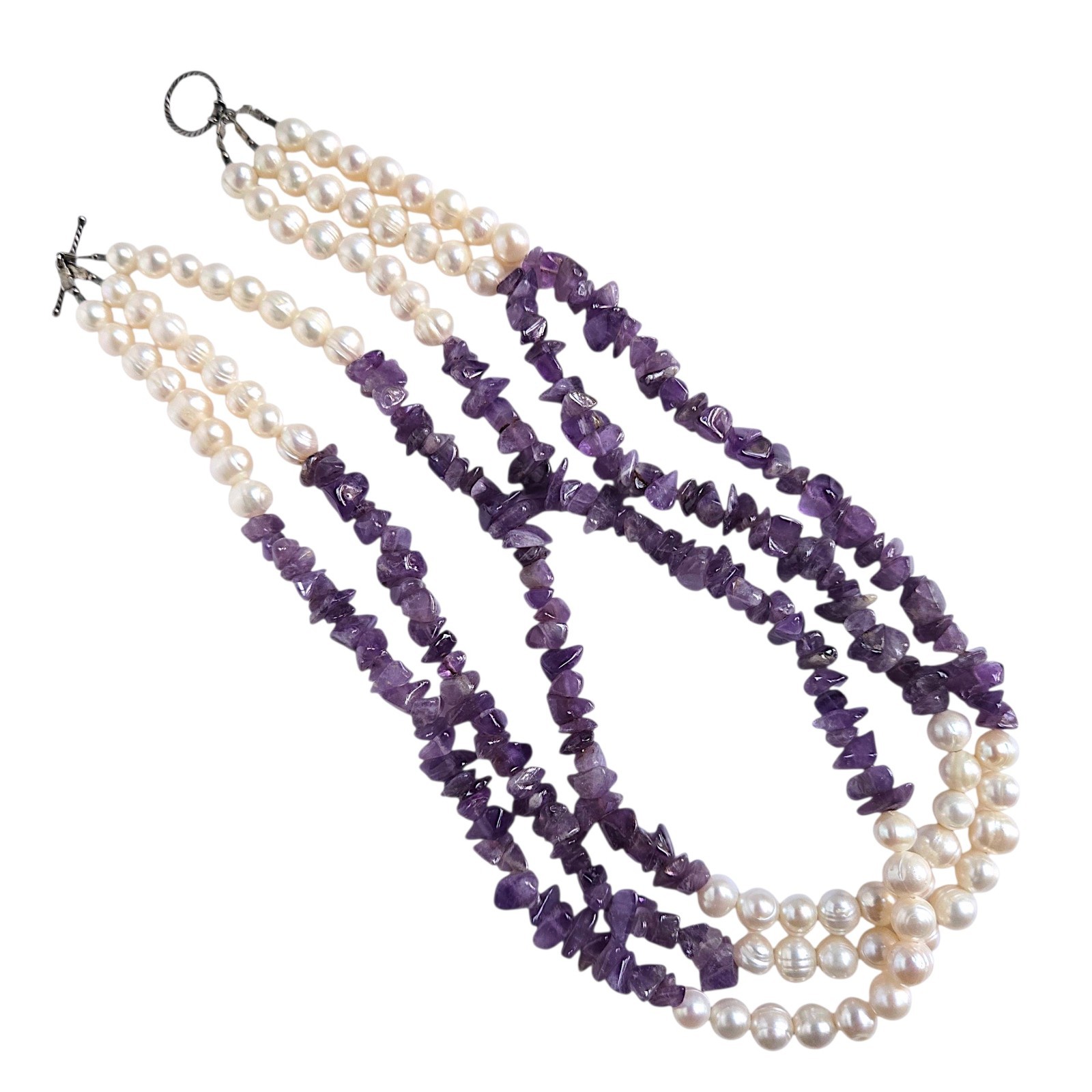 Freshwater Pearl Amethyst Multi Strand Necklace Sterling Toggle Purple White 18″