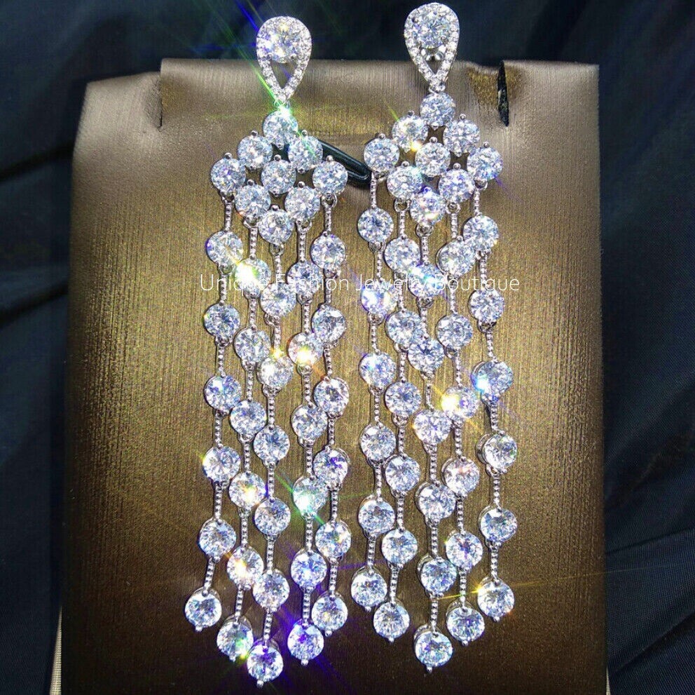 18k White Gold Filled Long Chandelier Earrings made w Swarovski Crystal Stone