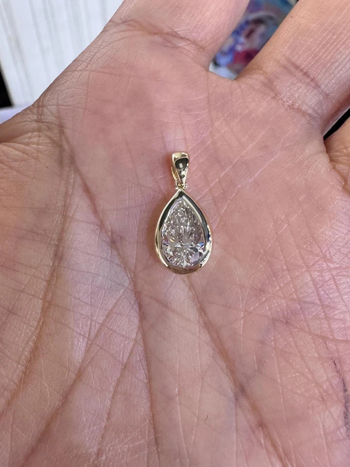 2Ct Pear-Cut Moissanite Bezel Women’s Pendant Necklace 14k White Gold Plated
