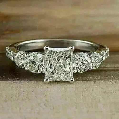 2 Ct Princess Cut Lab Created Diamond Cluster Wedding Ring 14K White Gold Plated