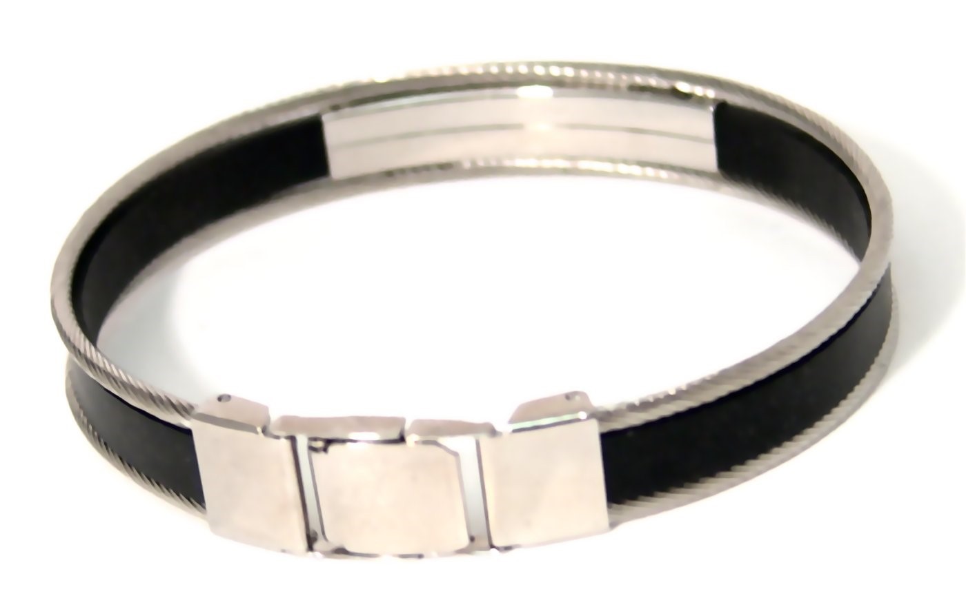 Black Rubber Stainless Steel Cable Bracelet Bangle 7.5 inches