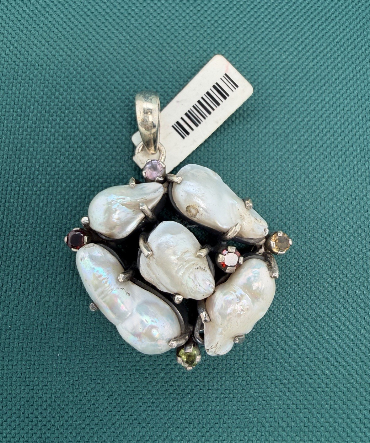 Sterling Silver Baroque White Pearl Pendant Amethyst Cluster Asymmetrical