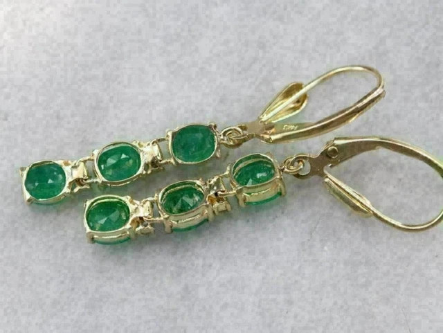 3Ct Lab Created Oval Green Emerald Drop/Dangle Earrings 14K Yellow Gold Plated