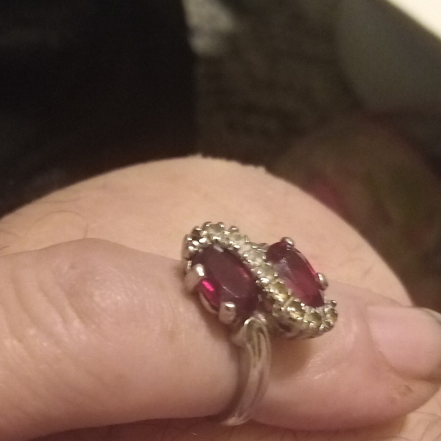 Silver Tone Bypass Cocktail Ring 2 Oval Red Stones Prong Set Size 3
